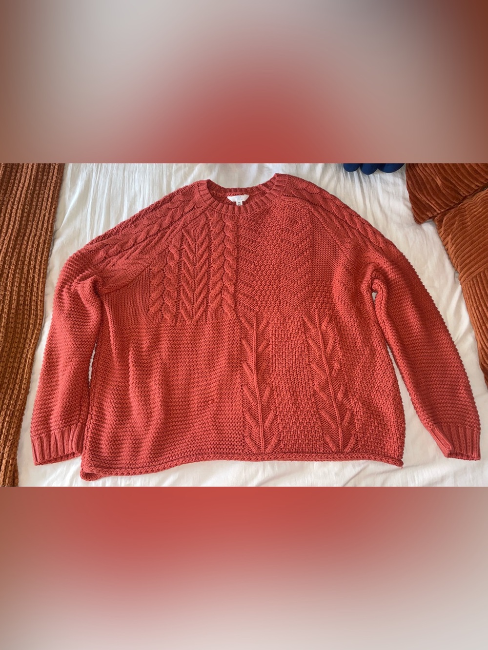 Time and Tru Cable Crewneck Sweater - Rust/Terracotta